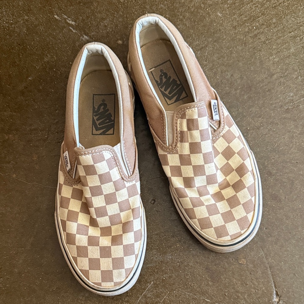 Vans Women’s Checkered Slip-On Shoes - Tan and White